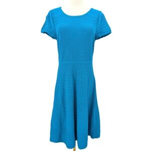 Talbots Blue Textured Knit Fit and Flare Dress Size L Short Sleeve